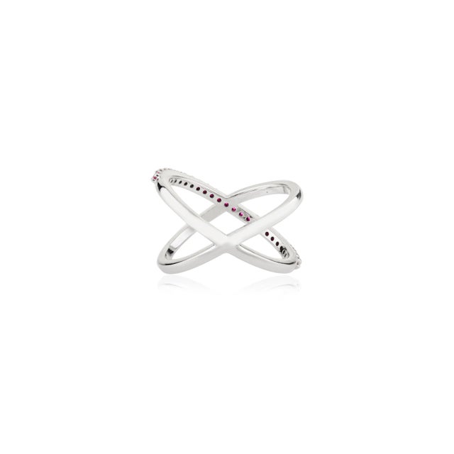 Not Yet Made - Made To Order 14k White Gold Unique Criss Cross Ruby Ring With Diamond Size 5.5 For Sale - Image 5 of 12