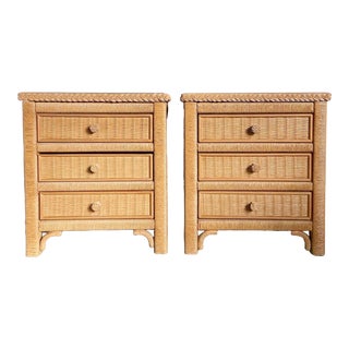 Boho Chic Wicker Rattan Glass Top Nighstands by Henry Link, Lexington - a Pair For Sale