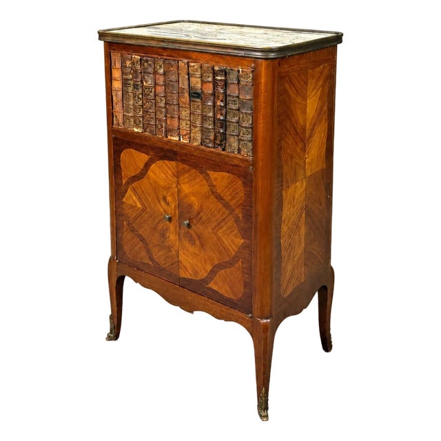 Antique French Faux-Book Marble-Top Cabinet For Sale