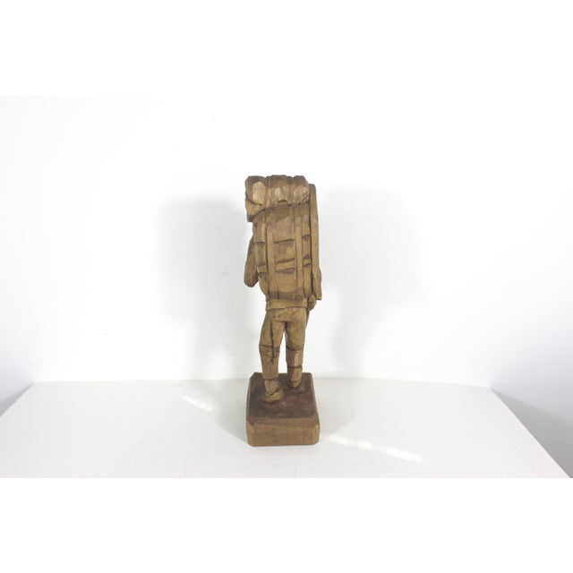 Cabin V Fortin 13” Vintage Hand Carved Wood Hunter Trapper Winter Traveller French Canadian Folk Art, Figurine, Signed Wood Carving Quebec Man For Sale - Image 3 of 16