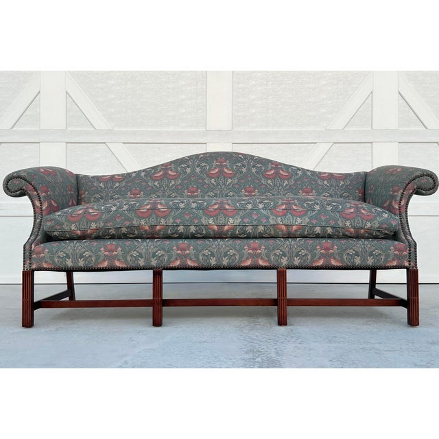 William Morris - Style Fabric Mid Century Chinese Chippendale Camelback Settee Sofa Couch Georgian Design For Sale - Image 4 of 18