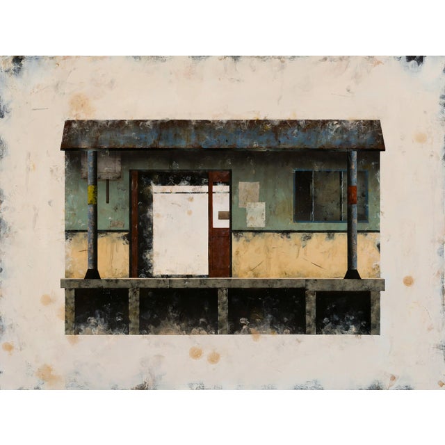 This artwork depicts a weathered architectural structure, characterized by its muted color palette and textured surfaces...