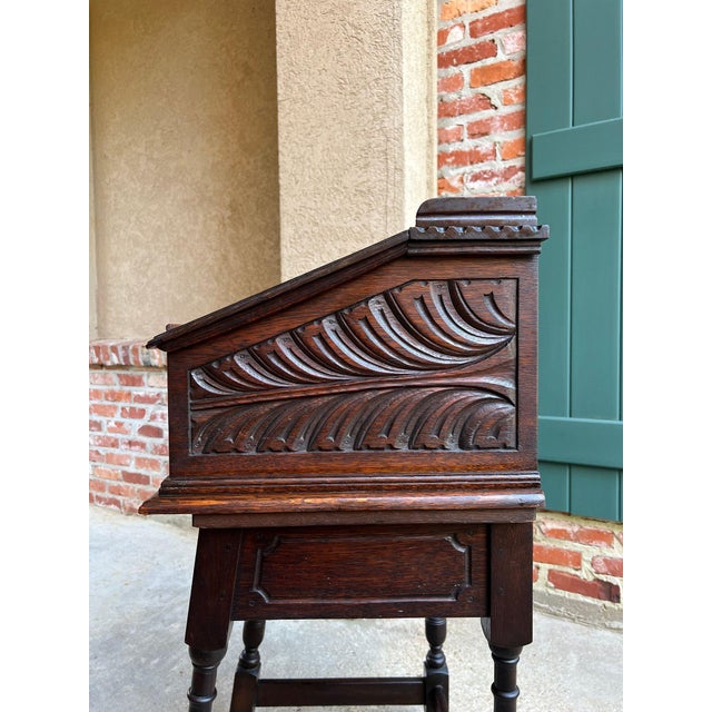 Antique English Slant Front Desk Display Stand Jacobean Carved Tiger Oak Lectern For Sale - Image 16 of 18