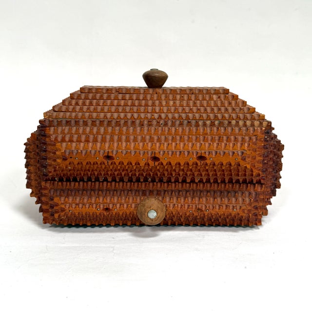 Folk Art Tramp Art Lidded Jewelry Box With Drawer For Sale - Image 3 of 12