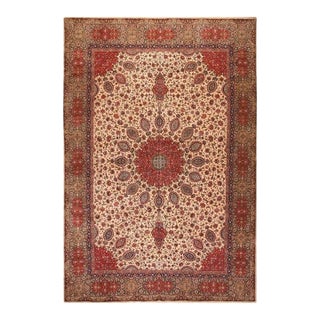 1940s Beige Swastika Medallion Antique Tabriz Handknotted Wool Gallery Rug For Sale