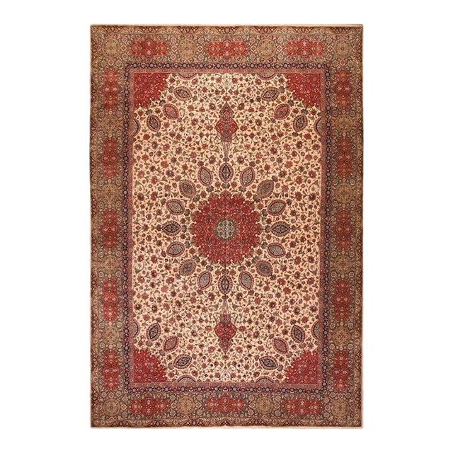 1940s Beige Swastika Medallion Antique Tabriz Handknotted Wool Gallery Rug For Sale