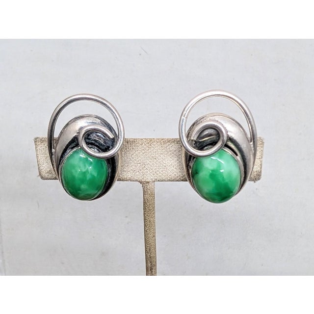 1950s Vintage 1950s Signed Napier Modernist Silvertone & Cabochon Faux-Jade Clip Earrings-2 Pieces For Sale - Image 5 of 7