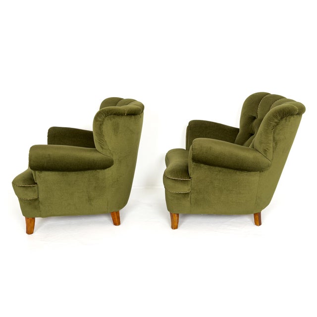 1940s Modern Lounge Chairs in Olive Mohair Velvet, Sweden, 1940, Set of 2 For Sale - Image 5 of 8