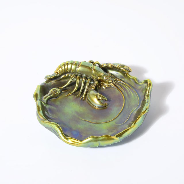 Green Zsolnay Hungary Eosin Iridescent Green Gold Lobster & Snake Hand Painted Dish For Sale - Image 8 of 16