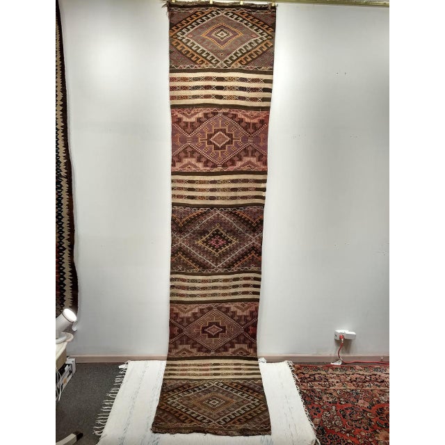 Textile Vintage Moroccan Tribal Kilim Runner, Handwoven Wool, Geometric Medallion Pattern, 3x13 For Sale - Image 7 of 8