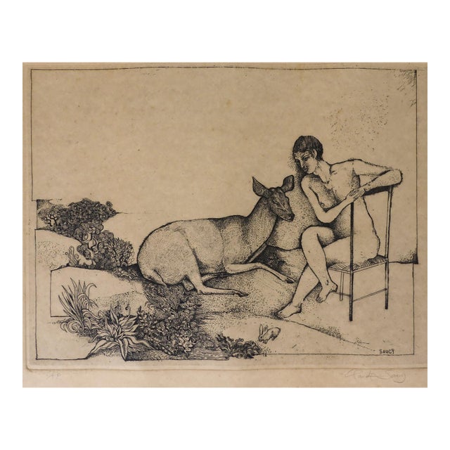 Early 20th Century Claude Saucy Surreal Nude With Deer Bunny Signed Etching For Sale