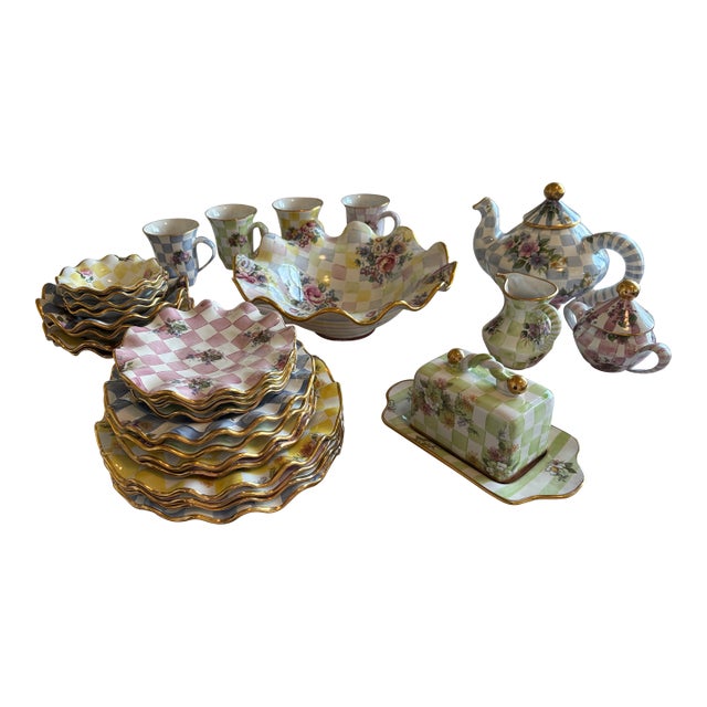 1990s Mackenzie Childs Honeymoon Place Settings for 4 With Exquisite Serving Pieces For Sale