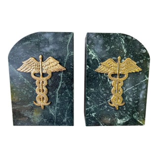 Vintage Medical Caduceus Green Italian Marble Heavy Bookends a Pair For Sale