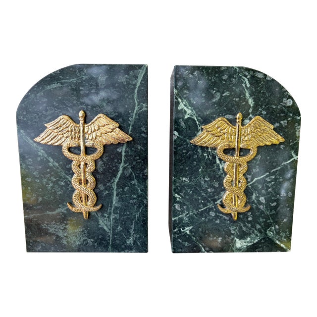 Vintage Medical Caduceus Green Italian Marble Heavy Bookends a Pair For Sale