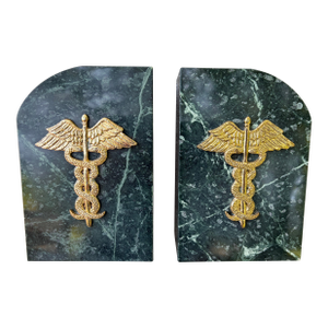 Vintage Medical Caduceus Green Italian Marble Heavy Bookends a Pair