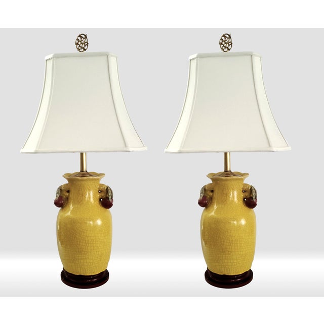 Lamps Chinese Crackled Yellow Pomegranate Pair For Sale - Image 13 of 14