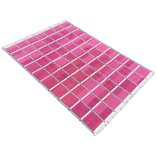 Contemporary Handmade Cotton Natural Vegetable Dyed Raspberry Pink Cream & Green Windowpane Checked Rug - 10'x14' For Sale - Image 3 of 10