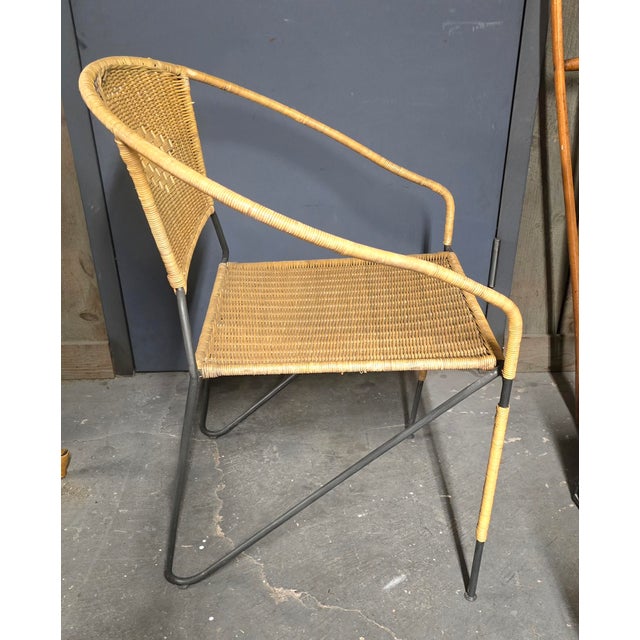 Mid-Century Modern Mid Century Modern Wrought Iron & Wicker Chairs a Pair For Sale - Image 3 of 10