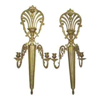 Pair of Vintage Ornate French XIV Brass Wall Sconces For Sale