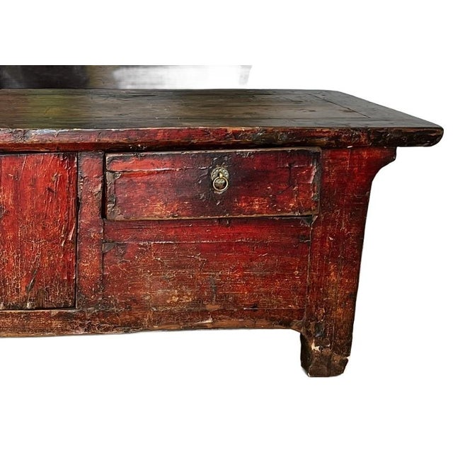 Chinese Antique Low Kang Cabinet in Traces of Original Patina of Red Lacquer For Sale - Image 9 of 10