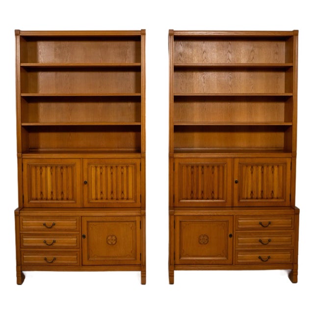 Pair German Oak 3 Piece Open Bookcase Cabinets For Sale