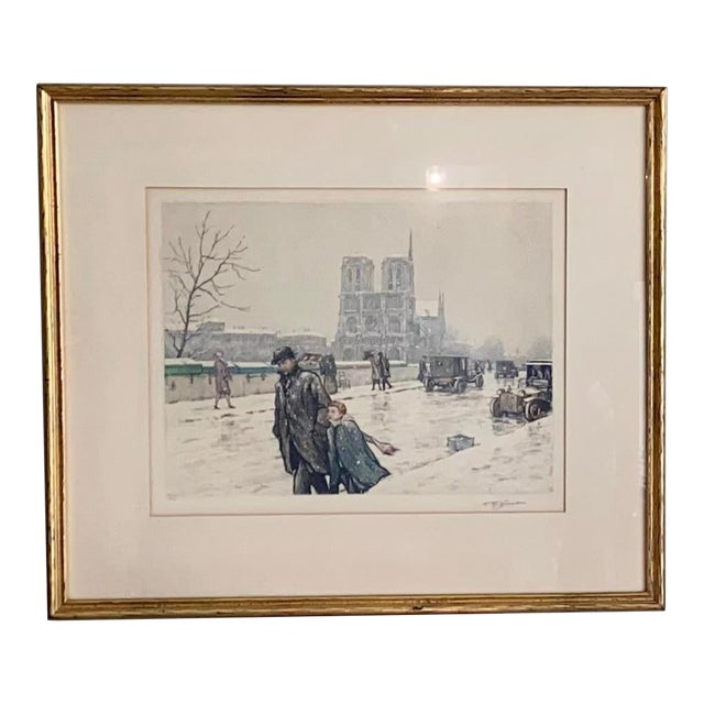 Tavik Simon Listed Czech Artist Notre Dame Paris in Winter Large Color Etching, Signed, Framed For Sale