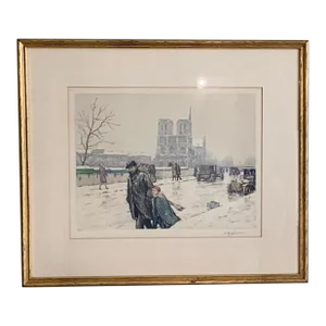 Tavik Simon Listed Czech Artist Notre Dame Paris in Winter Large Color Etching, Signed, Framed