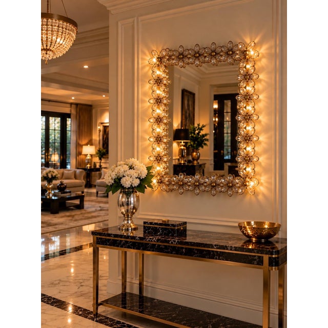 1970s A Vintage Gilt Brass and Crystal Flower With 6 Bulbs Mirror by Palwa. For Sale - Image 5 of 8