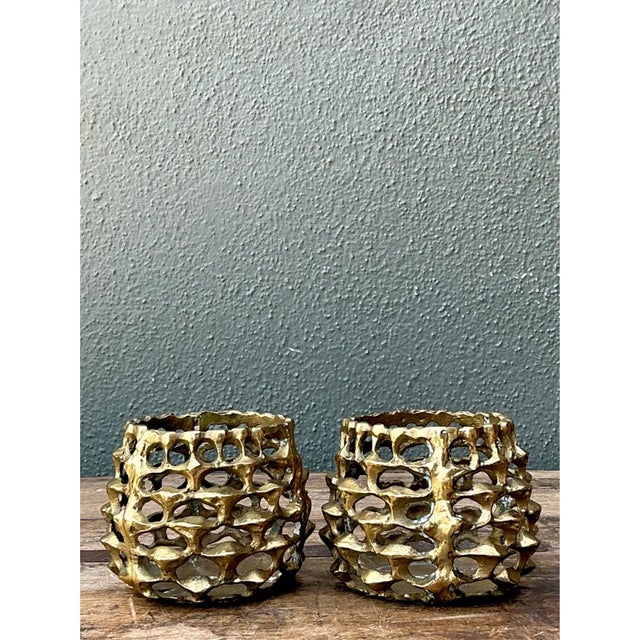 Late 20th Century Vintage Brutalist Brass Candle Holders - Pair For Sale - Image 5 of 12