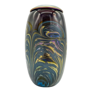 Vintage Signed Hawaiian Studio Art Glass Vase – Iridescent Pulled Feather Swirl – Contemporary, Modern Organic