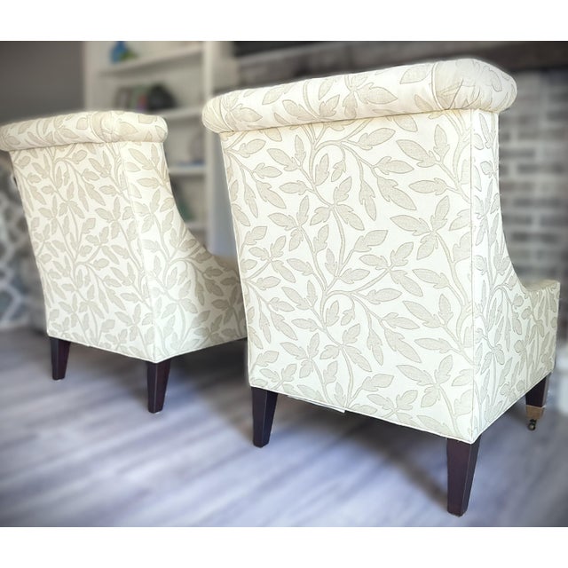 Custom Pair Pearson Wingback Jacquard Leaf Vine Transitional Chairs For Sale - Image 14 of 15