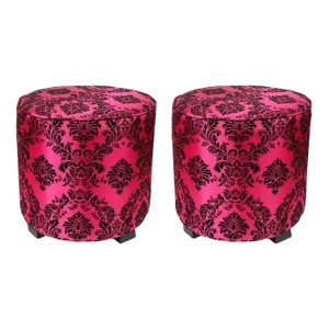 Vintage Modern Fuchsia and Black Moroccan Round Upholstered Stools