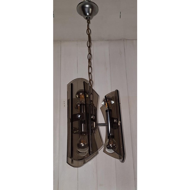 6-Light Ceiling Lamp with Chrome-Plated Metal Frame and Tinted Cut Crystal Glass Panels, 1970s For Sale - Image 6 of 7