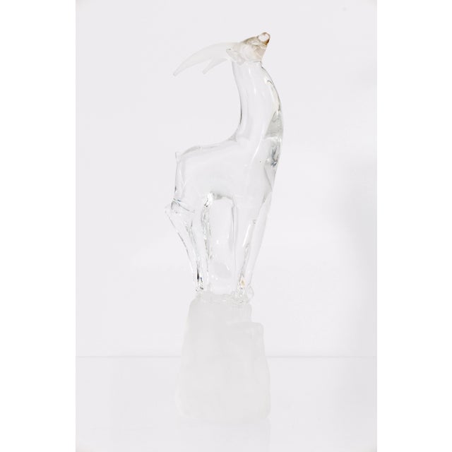 Mid Century Modern Signed Clear Art Glass Antelope Sculpture With Frosted Base For Sale - Image 4 of 7