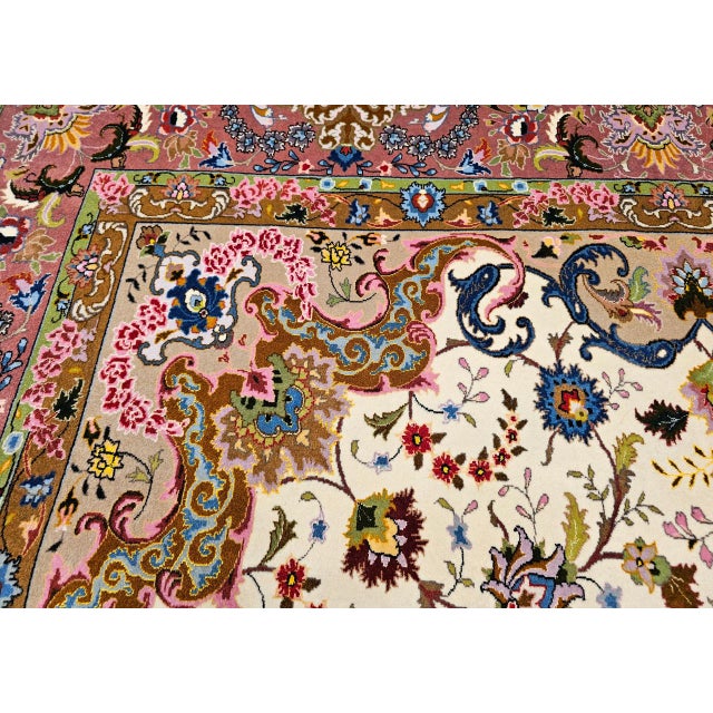 Vintage Persian Tabriz Square Area Rug, Hand-Knotted Wool & Silk, Fine Medallion Floral Pattern, Ivory & Pale Pink, 7x7 For Sale - Image 13 of 16