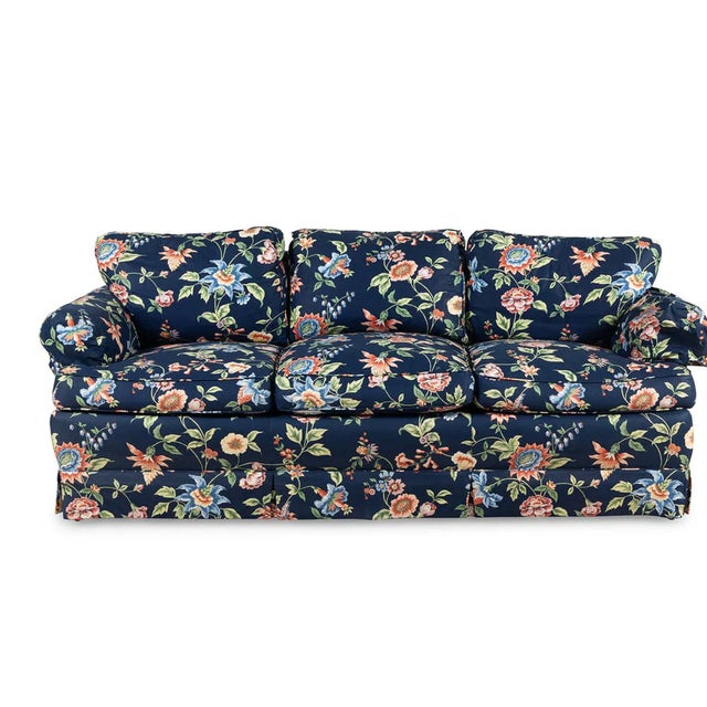Scalamandre Navy Blue Chintz Upholstered Down Filled Roll Arm Sofa.