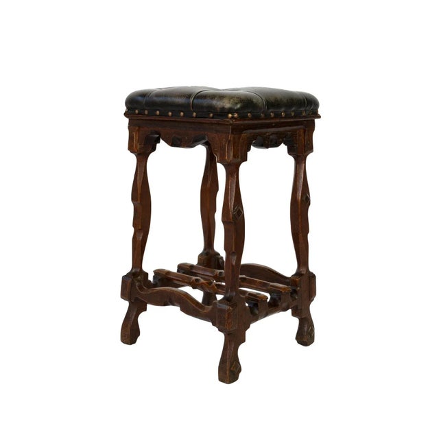 Late 19th Century English Arts & Crafts Tufted Dark Leather Square Stool For Sale - Image 11 of 11