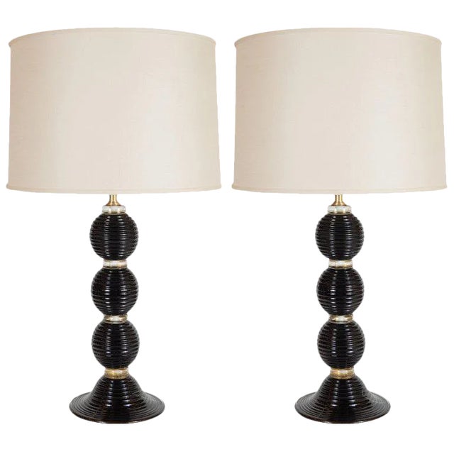 Modernist Handblown Black Murano With 24-Karat Gold Banding Table Lamps - a Pair For Sale