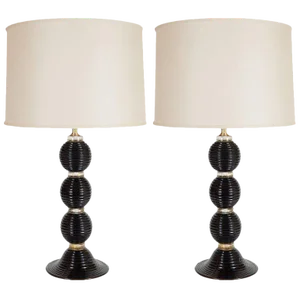 Modernist Handblown Black Murano With 24-Karat Gold Banding Table Lamps - a Pair