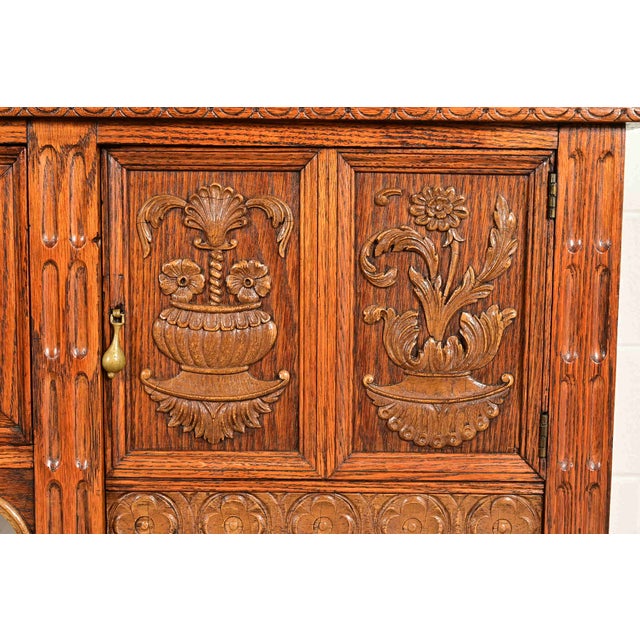 Early Romweber Antique English Jacobean Carved Oak and Burl Wood Sideboard, Circa 1900 For Sale - Image 12 of 18