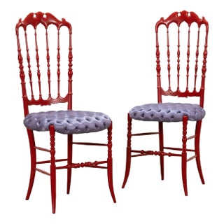 1960s Pair of High Back Red Lacquer Chiavari Chairs For Sale