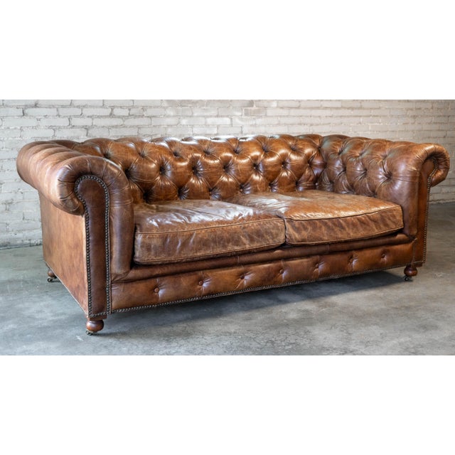 Restoration Hardware Restoration Hardware Distressed Cigar Leather Kensington Luxe Sofa For Sale - Image 4 of 17