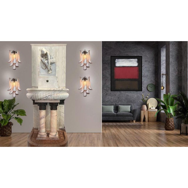 Set of four Vintage Italian Murano appliques. Wall lights have 6 pink and lattimo glass petals (for each applique) in a...