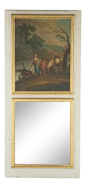 French 1820 Gilt Trumeau Mirror With Painting