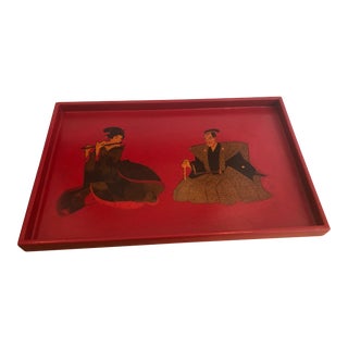 Asian Red Decoupage Vintage Wood Tray For Sale