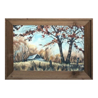 1960s Mid Century Rural Farmhouse Landscape Watercolor Painting With Barn by Kay Swanson For Sale