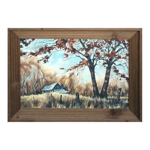 1960s Mid Century Rural Farmhouse Landscape Watercolor Painting With Barn by Kay Swanson For Sale