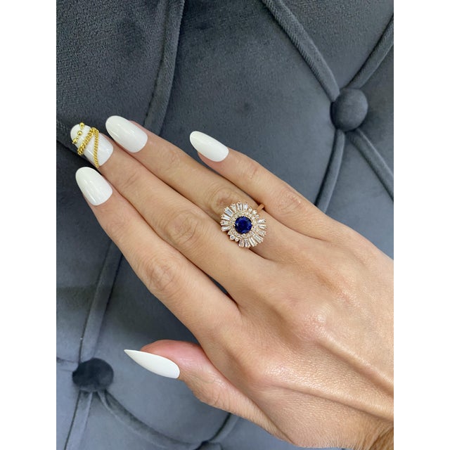 Art Deco Style Blue Round Sapphire Baguette Diamond Halo 18k Rose Gold Ring, Size 7 For Sale - Image 4 of 11