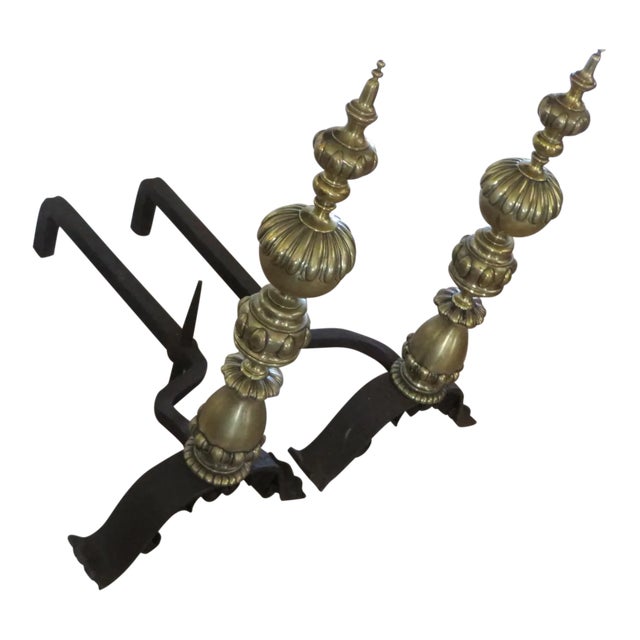 Antique Brass & Iron Andirons - a Pair With Iron Dogs For Sale
