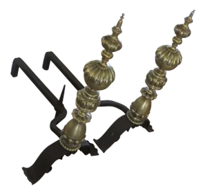 Antique Brass & Iron Andirons - a Pair With Iron Dogs